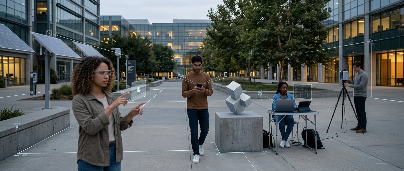 Technology team testing localization, spatial content and multiple devices in a real-world MyGeoVerse Testbed environment.
